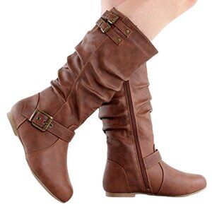 Top Moda Tan Slouch Mid-Calf Boots – Round Toe Buckle Detail Flat Heel Casual